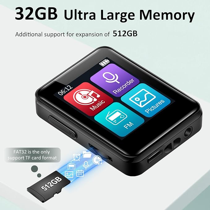 1.8 inch MP3 Player with Bluetooth, 32GB Digital Music Player for Kids, Portable Mini Bluetooth MP3 Player with Speaker Lossless Sound with FM Radio, Voice Recorder, Supports up to 512GB, Black-StrideForce Fitness