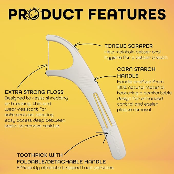 World’s First Eco-Friendly 3-in-1 Dental Floss Pick – Thin Flosser with Foldable Toothpick & Tongue Scraper – 100 Count, Biodegradable, Unflavored 100 Picks