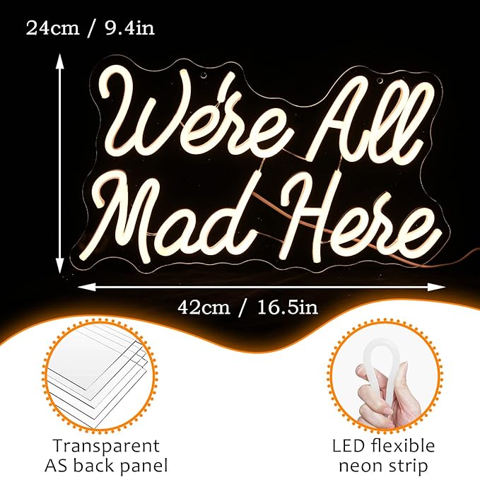 We Are All Mad Here Neon Sign Letter LED Neon Lights Dimmable USB Powered 16.5’’X9.4’’Cool Wall Decorative Light Bedroom Bar Birthday Party Decoration Gifts （Warm White）-StrideForce Fitness