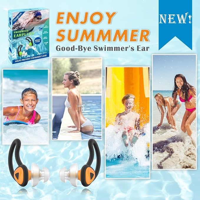 Hearprotek Ear Plugs for Swimming, [2 Pairs] Swim Ear Plugs Adults-Waterproof Silicone Water earplugs for Men Women Juniors Swimmers Pool Shower Bathing (Orange)-StrideForce Fitness