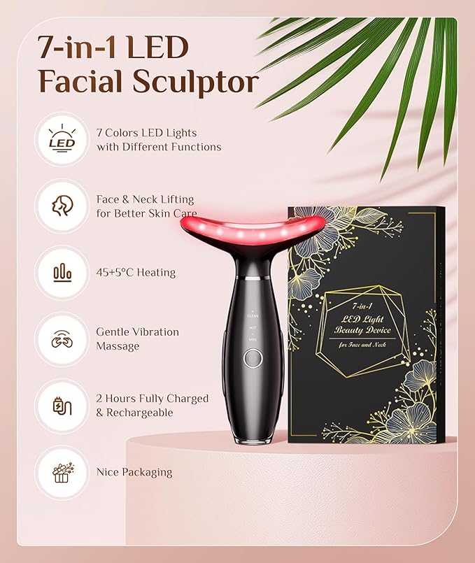 7 Color Galvanic Machines - Red Light Therapy for Face and Neck, Face Massager Tool for Wrinkles, Double Chin, Vibrating Facial Massager with Thermals, Black-StrideForce Fitness