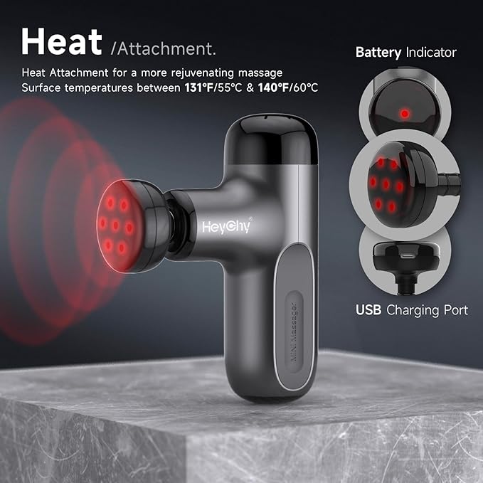 Mini Massage Gun with Heat, Deep Tissue Massage Gun, Portable Percussion Muscle Massager with 4 Massage Heads for Athletes-StrideForce Fitness