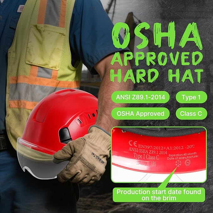 AOLAMEGS Hard Hats Construction OSHA Approved - ANSI Z89.1 Red Safety Hardhats, High Impact ABS Hardhat, Adjustable Vented Construction Worker Hat with Clear Visor, Cascos de Construccion-StrideForce Fitness