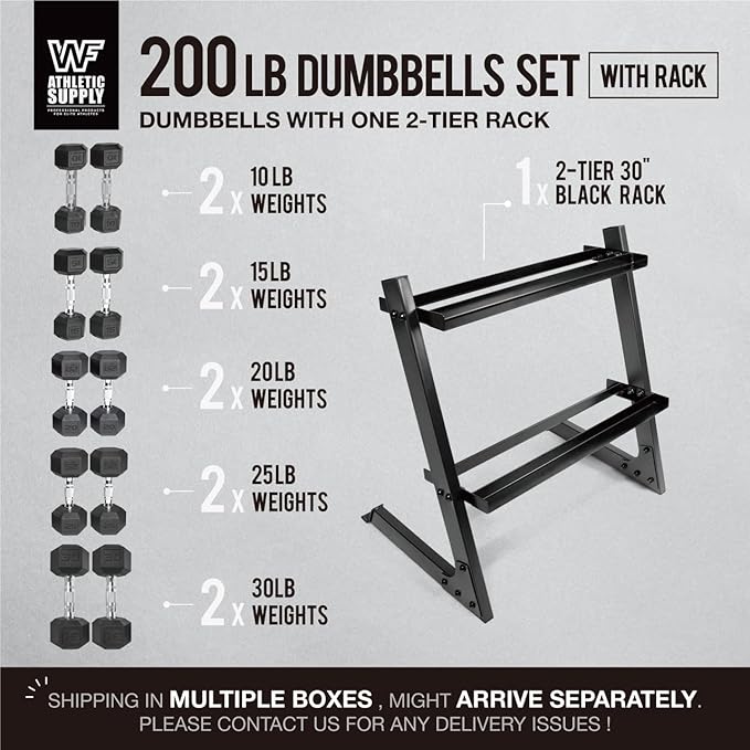 WF Athletic Supply 200Lb Dumbbell Set, 10-30Lb Dumbbell Set with Two-Tier Storage Rack for Muscle Toning, Strength Building & Weight Loss - Multiple Choices Available-StrideForce Fitness