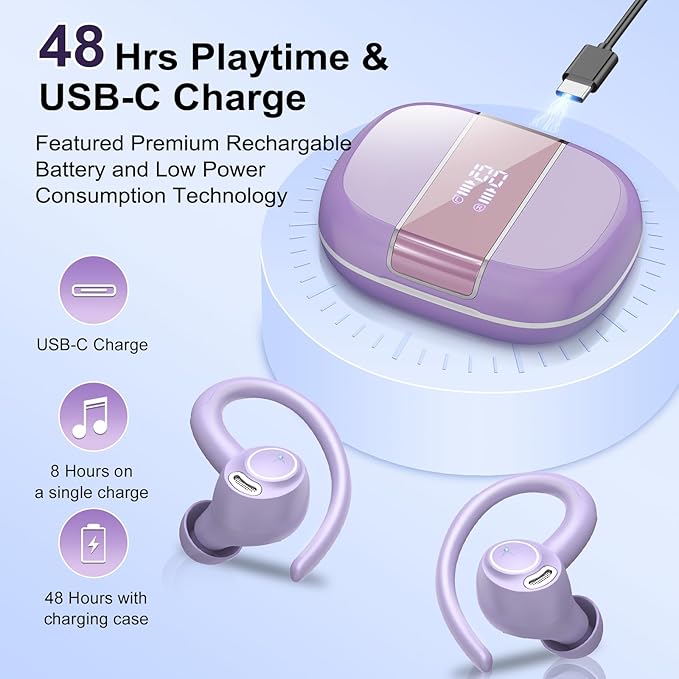 Wireless Earbuds Bluetooth 5.3 Headphones Sports, 48Hrs Playtime Bluetooth Earbuds with CVC 8.0 Mic, Stereo Bass Over Ear Bud with Earhooks, LED Display, IP7 Waterproof Earphon for Running Purple-StrideForce Fitness