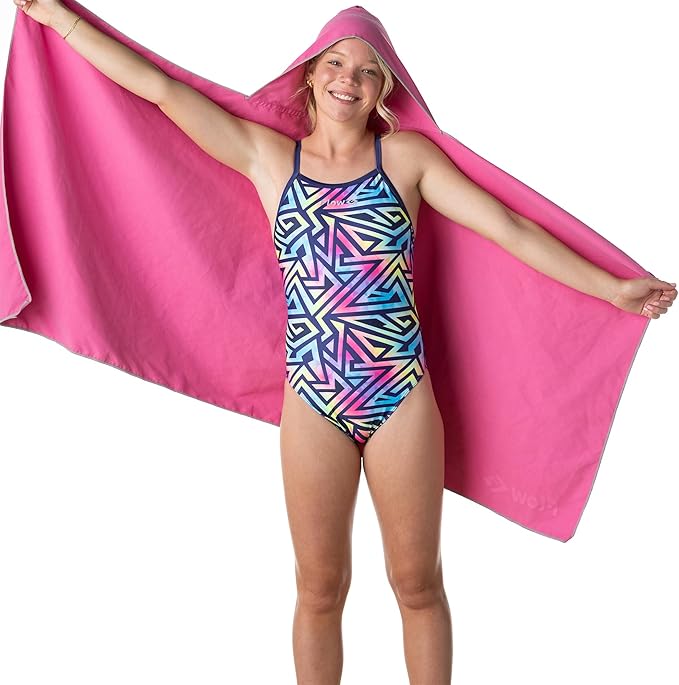 Flow Hydro Sport Towel - Microfiber Quick Dry Swimming Towels for Swim, Pool, Triathlon, and Other Water Sports in Medium, Large, Extra Large, and Hooded Sizes (Pink, Large w/Hood)-StrideForce Fitness