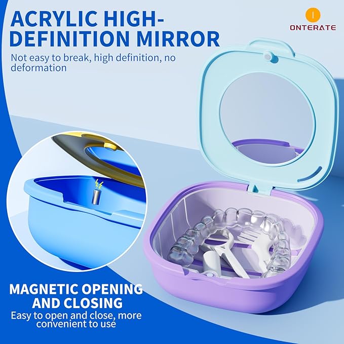 Magnetic Retainer Box with Mirror, Compact Denture Case with Vent Holes & Retainer Remover Tool & Chewies & Brush, Protable Aligner Cleaner Case for Night Mouth Guards, Braces (Blue Purple)