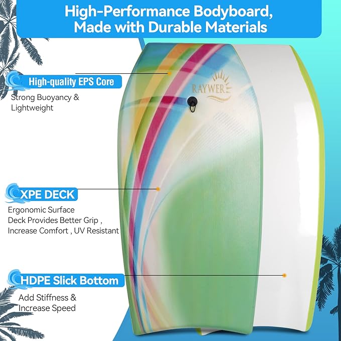 Body Board Lightweight with EPS Core, HDPE Slick Bottom, Leash & Adjustable Wrist Rope, Great Surfing for Kids and Adults-StrideForce Fitness