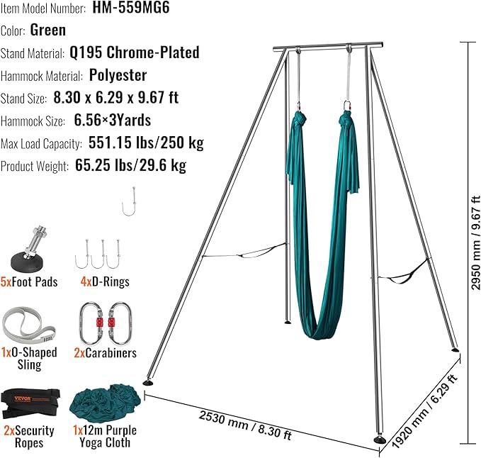 VEVOR Aerial Yoga Frame, 9.67 ft Height Swing Stand, Max 551.15 lbs Load Chrome-Plated Steel Pipe Inversion Yoga Rig for Indoor Outdoor Use-StrideForce Fitness