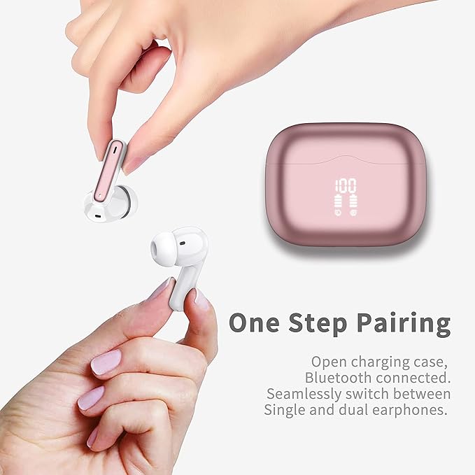 Wireless Earbuds, Bluetooth 5.4 Headphones in Ear with 4 ENC Noise Cancelling Mic, New Wireless Earphones HiFi Stereo Deep Bass 40H Playtime, In-Ear Bluetooth Earbuds LED Display IP7, USB-C, Rose Gold-StrideForce Fitness