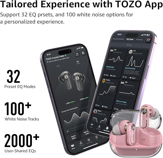 TOZO Crystal Pods Hybrid Active Noise Cancelling Wireless Earbuds, 10mm Drivers Deep Bass Stereo Sound, 4 Mics Smart ENC AI Calls, 32 EQ via App, Bluetooth 5.4 Headphones, Crystal Case Design-StrideForce Fitness