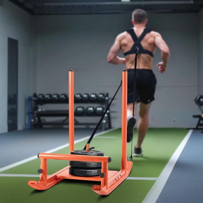 VEVOR Weight Sled, Steel Power Sled, Fitness Strength Training Sleds for Athletic Exercise Speed Improvement, Workout Fitness Equipment with Handle, Compatible with 1/2 in Weight Plates, Orange-StrideForce Fitness