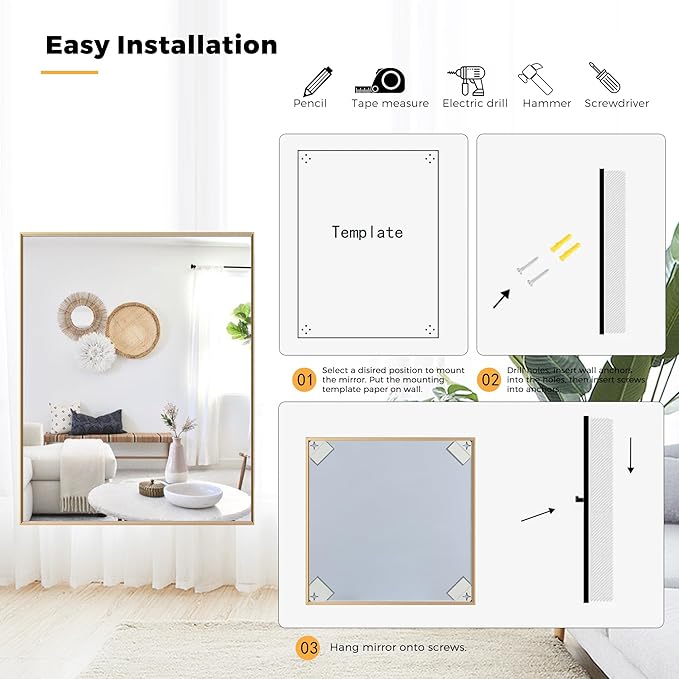 27x40 Inch Orange Gold Bathroom Mirror for Wall, Aluminum Frame Rectangle Rectangular Vanity Mirror, Modern Large for Bedroom, Living Room, Horizontal or Vertical-StrideForce Fitness