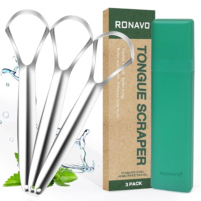 RONAVO Tongue Scraper for Adults (3 Pack), Reduce Bad Breath, Metal Tongue Scraper, Easy to use & Clean, with Travel Case for Home, Travel and On-the-Go
