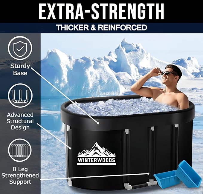 XL Ice Bath Tub For Athletes - 129 Gallon Oval Shaped Durable Frame - Recovery Cold Plunge & Cold Water Therapy - Portable Build - Easy Installation - Includes Two Collapsible Ice Molds & Thermometer-StrideForce Fitness