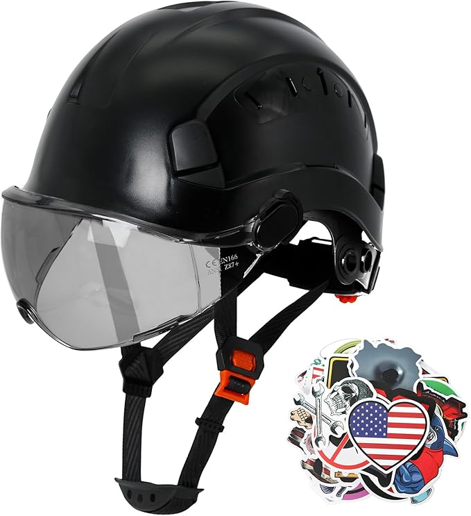 Aolamegs Construction Hard Hats for Adults - Hard Hats Construction OSHA Approved with Smoke Visor for Men Women, ANSI Z89.1 Vented Safety Helmet, Hard Hat with Chin Strap,6 Point Suspension （Black-StrideForce Fitness