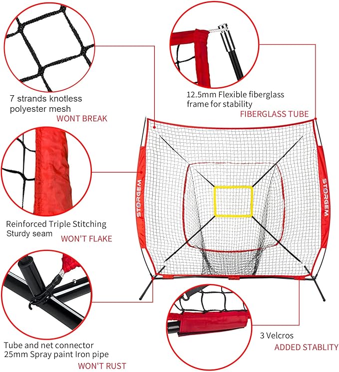 Storgem Baseball and Softball Practice Net 7×7ft Portable Hitting Pitching Batting Training Net Baseball Backstop Net with Batting Tee and Strike Zone and Bow Frame-StrideForce Fitness