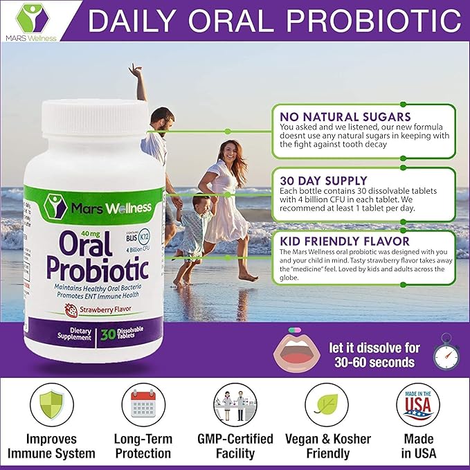 Oral Probiotic Supplement with BLIS K12 4 Billion CFU - Now Dairy Free - Doctor Formulated 30 Day Supply Bottle for Bad Breath, Strep, Cavities, Gum and Oral and Dental Health - Sugar Free - USA Made
