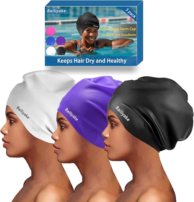3 Pack Extra Large Swim Cap for Braids & Dreadlocks - Waterproof Silicone Swim Hat for Women with Long Thick Hair, Protective Swim Cap Cover Ears for Swimming, Shower, Bathing-StrideForce Fitness