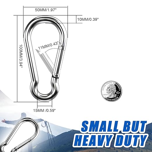 Large Carabiner Clip Hooks, 2pcs 4 inch Carabiners Heavy Duty, 304 Stainless Steel Spring Snap Hook Fits Camping Hanging Hiking Weight Lifting, Metal Clips for Rope or Chain-StrideForce Fitness