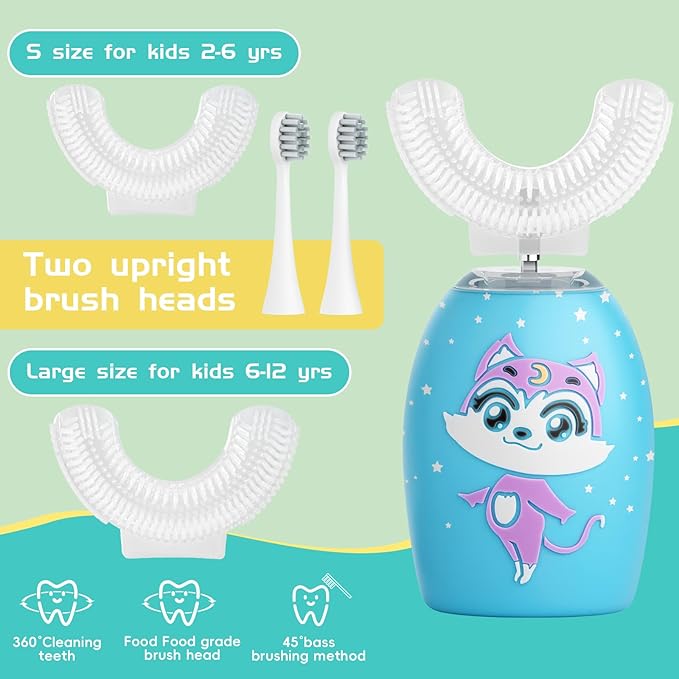 Kids U Shaped Electric Toothbrush Age 2-12, 360-Degree Ultra Quiet Whole Mouth Toothbrush,4 Brush Heads,2 Mode
