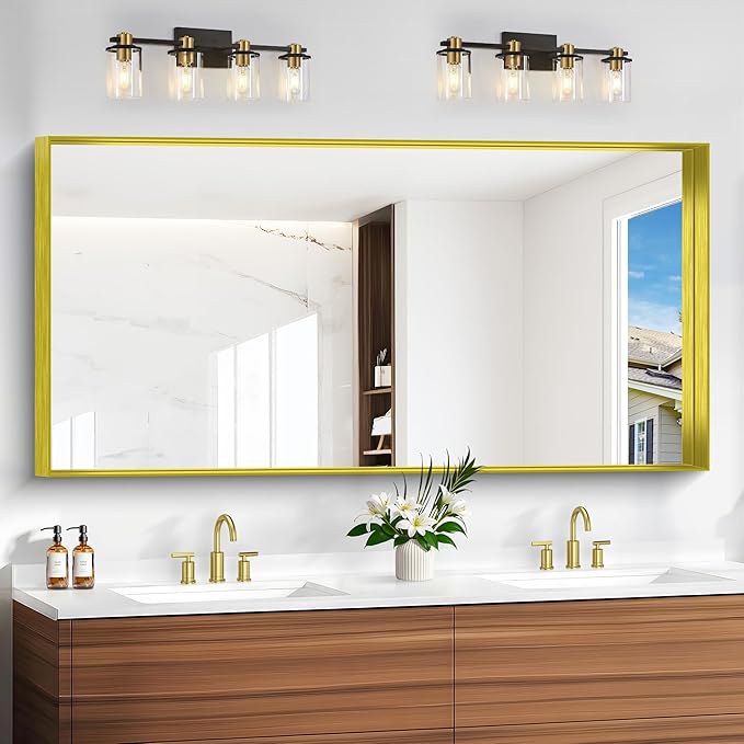 Gold Bathroom Mirror, 30x60 Inch Rectangular Deep Frame Mirror, Large Wall Mounted Bathroom Vanity Mirror Over Sink for Bedroom,Restroom, Living Room, Hangs Vertically or Horizontally-StrideForce Fitness