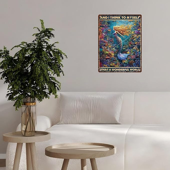 Retro Mermaid Tin Sign And I Think to Myself What a Wonderful World Vintage Metal Poster Funny Wall Art Toilet Bathroom Man Cave Bar Cafe Indoor Room Garage 12 * 16inch-StrideForce Fitness