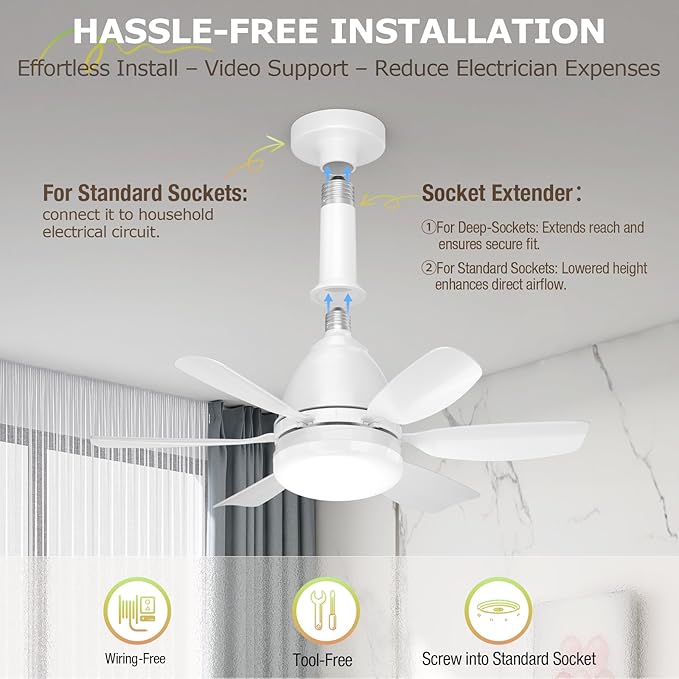 Socket Fan Light Ceiling Fans with Lights and Remote, Dimmable LED 3 Colors 3000K-6500K, 1556 Lumens Light Bulb Screw in Ceiling Fan for Bedroom, Kitchen, Living Room, Closet-StrideForce Fitness