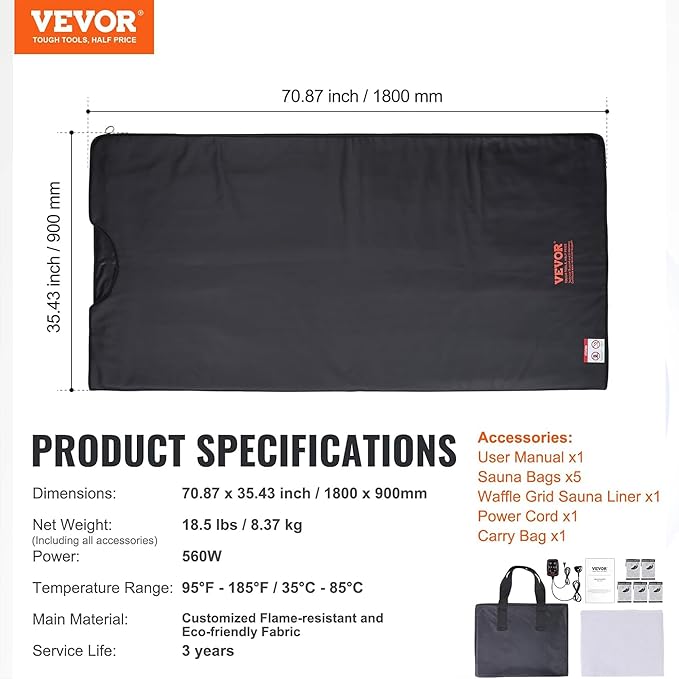VEVOR Far Infrared Carbon Heating Sauna Blanket for Detoxification and Home Relaxation, Portable with 1-6 Level Adjustable Temperature Range (95-185℉) and 1-60 Minutes Timer-StrideForce Fitness