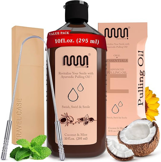 MasterMedi Coconut and Peppermint Oil Pulling (10 Fl.Oz), Mouthwash with Tongue Scraper, Alcohol Free Natural Coconut Oil Pulling for Teeth Whitening,Fresh Breath and Healthier Gum (Pack of 1)