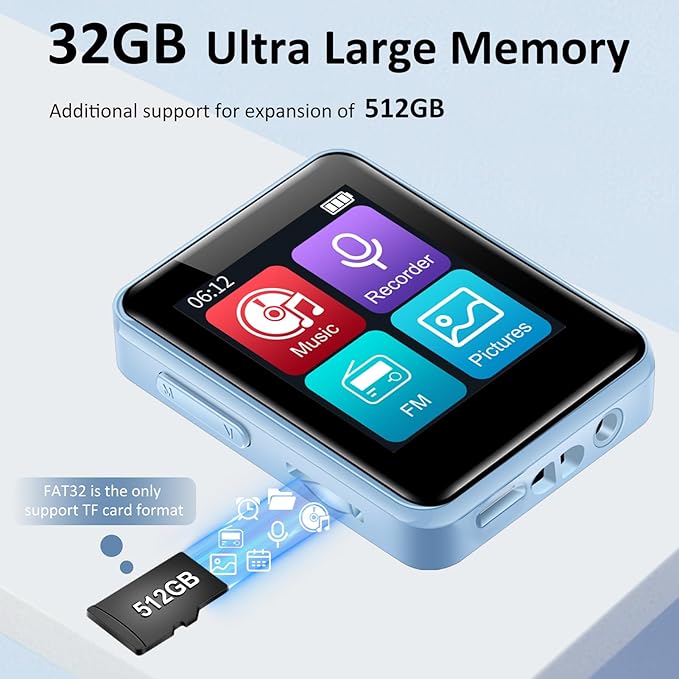 32GB MP3 Player for Kids, 1.8 inch Portable Small Music Bluetooth MP3 Player with Speaker, FM Radio, Voice Recorder, Alarm Clock, Stopwatch, Up to 512GB(Blue)-StrideForce Fitness