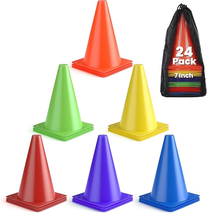 GHB Soccer Cones 7" 9" of 12 24 Pack Disc Soccer Sport Cones Training Field Marker Agility Cones for Basketball, Coaching, Practice Equipment Includes Drills Guide-StrideForce Fitness