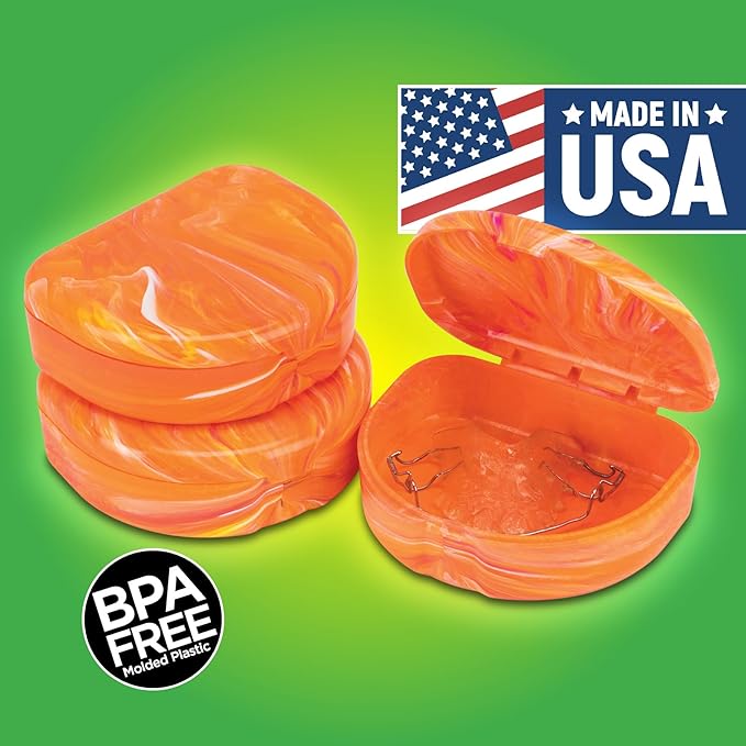 Practicon Marble Retainer Cases, Orthodontic Aligner Case, Mouth Guard Holder (3 Pack) (Orange & Pink)