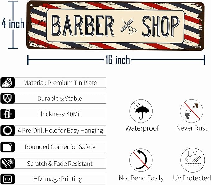 Barber Shop Decor Accessories - Barbershop Poster Metal Tin Signs Vintage Wall Art, Barber Gifts for Men Haircut Decorations 4x16 Inch-StrideForce Fitness
