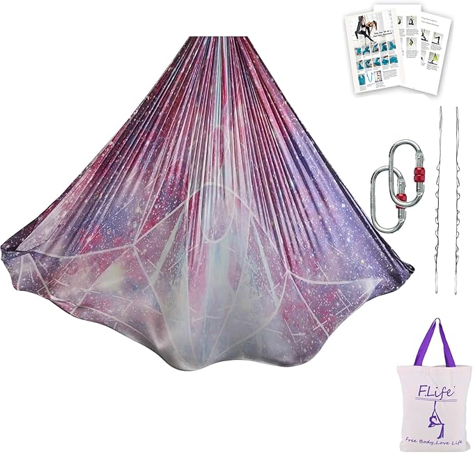 F.Life Aerial Yoga Hammock kit- Yoga Swing Multicolor 5 yards-Flying Yoga Include Daisy Chain,Carabiner and Pose Guide-StrideForce Fitness