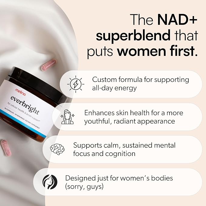 Melina Everbright NAD+ Supplement for Women's Energy & Longevity - Nicotinamide Riboside (NR), Pterostilbene, Citicoline, Astaxanthin - Anti-Aging, Focus, and Skin - 3rd Party Tested - 30 Servings-StrideForce Fitness