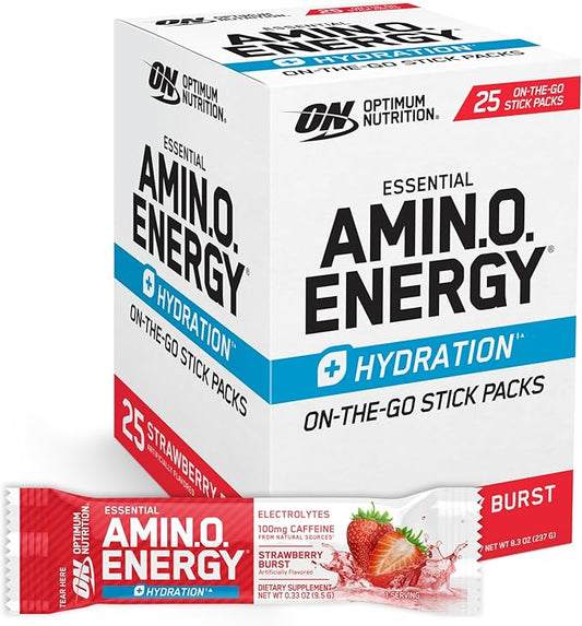 Optimum Nutrition Amino Energy Plus Hydration Packets, On-The-Go Energy Powder Stick Packs, Strawberry Burst, 25 Count-StrideForce Fitness