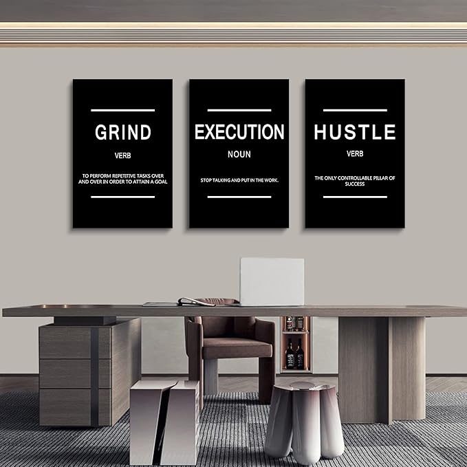 Framed Canvas Wall Art Success Quote, Office Wall Art, Black Large Poster, Positive Motivational Set of 3 Prints, Execute Failure Definition, Inspirational Print (B-3pcs,16x24inchx3pcs)-StrideForce Fitness