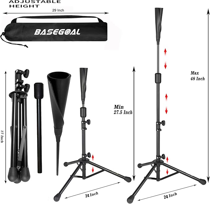 Batting Tee Baseball Tee,Softball Travel Portable Tee Tripod Stand Rubber Tee for Batting Training Practice with Carrying Bag-StrideForce Fitness