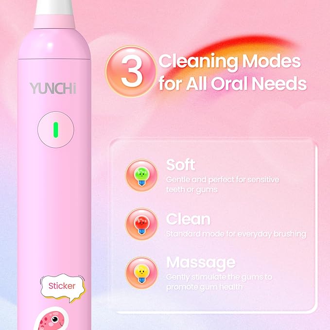 YUNCHI K5 Kids Electric Toothbrush Rechargeable with Waterproof Stickers, 3 Modes with 2 Minutes Timer, Toddler Children Sonic Toothbrush for Girls Ages 3-12, 4 Replacement Heads Soft Bristles, Pink