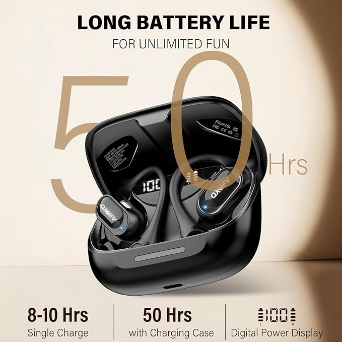 Open Ear Headphones, Bluetooth 5.4 Headphones Sports, Premium Sound with HD Mic Wireless Earbuds, 48H Playtime LED Power Display Ear Buds, IPX7 Lightweight Comfort Earphones for Running, Working-StrideForce Fitness