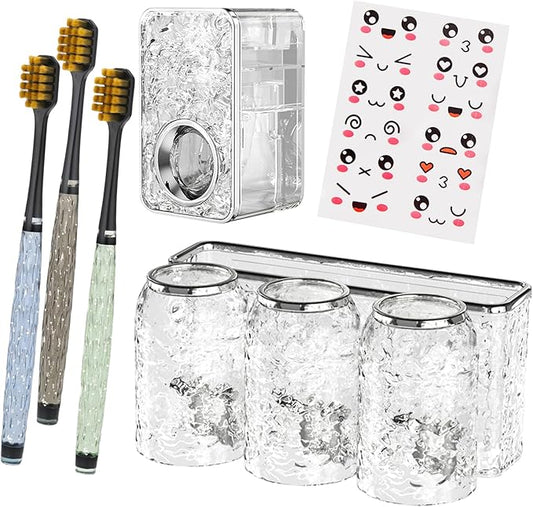 Toothbrush Holders Combo Set for Bathroom，3 Cups Toothbrush Holder Wall Mounted with Organizer，Gift 3 Count Ultra Fine Soft Bristle Crystal Tooth Brush and Wall Mounted Toothpaste Squeezer