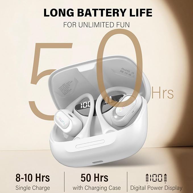 Open Ear Headphones, Bluetooth 5.4 Headphones Sports, Premium Sound with HD Mic Wireless Earbuds, 48H Playtime LED Power Display Ear Buds, IPX7 Lightweight Comfort Earphones for Running, White-StrideForce Fitness