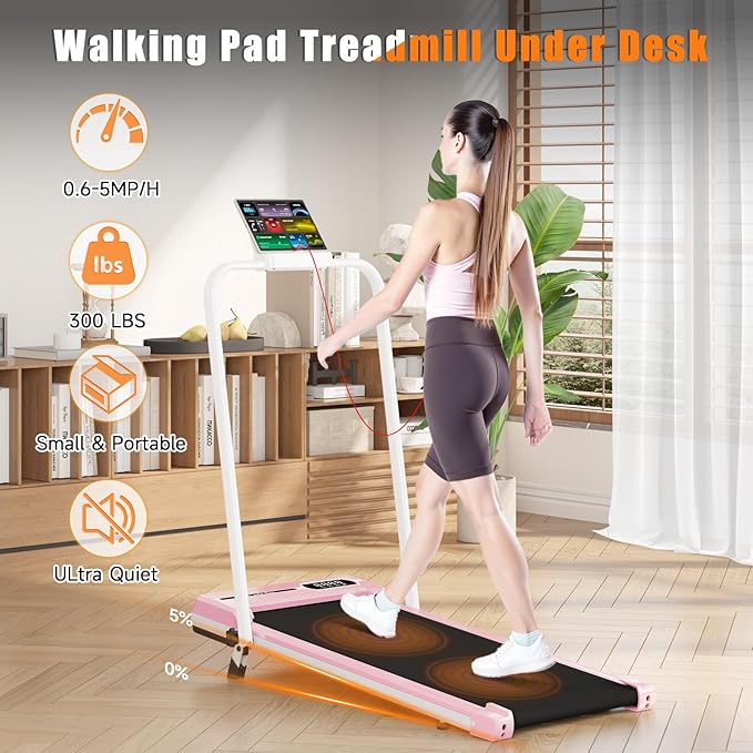 Incline Walking Pad with Handle Bar, Folding Treadmill Foldable Portable Under Desk for Home Office, Ultra Quiet <45dB, Safety Lock, 300+ LB Capacity-StrideForce Fitness