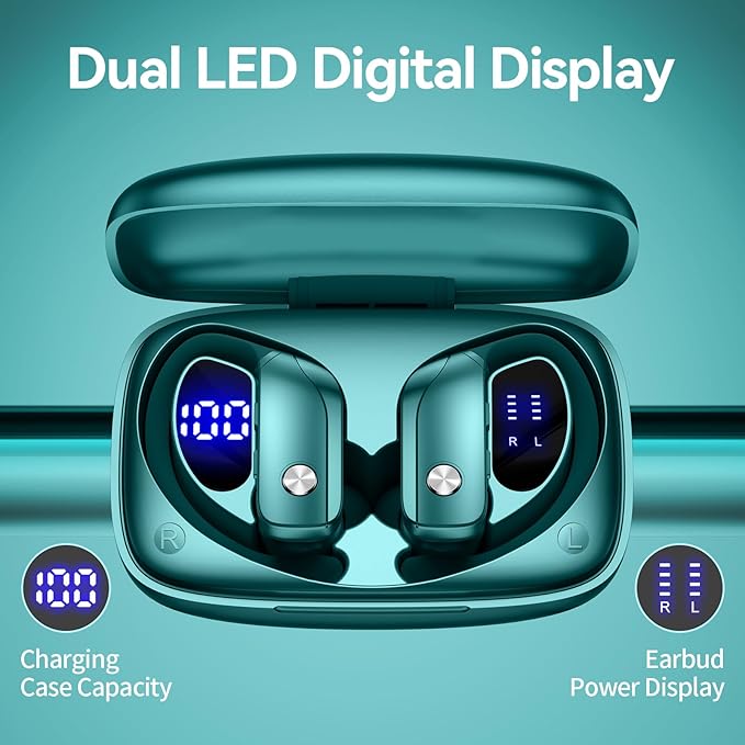 bmani Ear Buds Wireless Earbuds Bluetooth Headphones with 80H Playtime LED Display Case, Over-Ear Hook with Mic, Stereo Sound, Easy Button Controls, Sports Earphones for Running Workout Gym Green-StrideForce Fitness