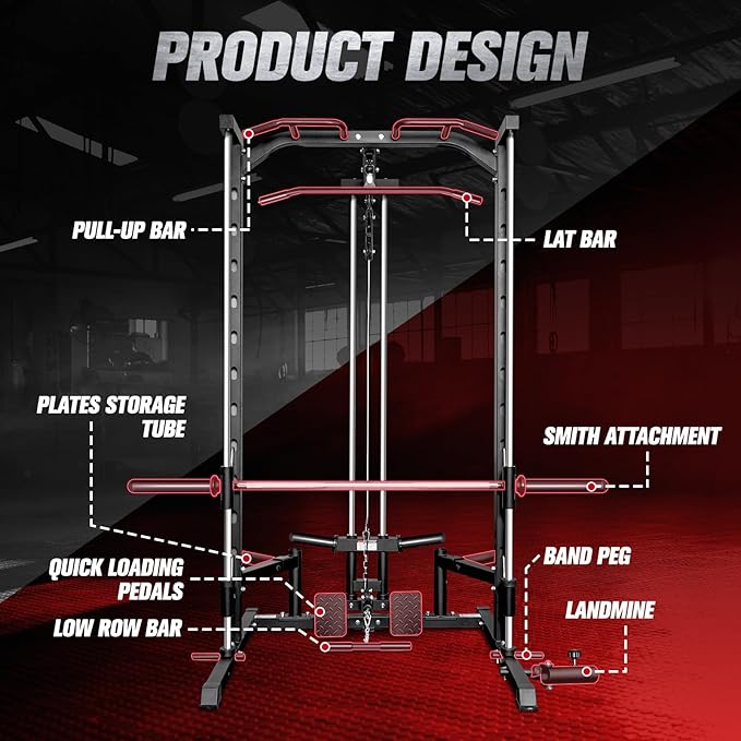 RitFit Smith Machine Power Rack with LAT-Pull Down System, Landmine, Barbell Bar, Plate Storage Pegs and More Training Attachment-StrideForce Fitness