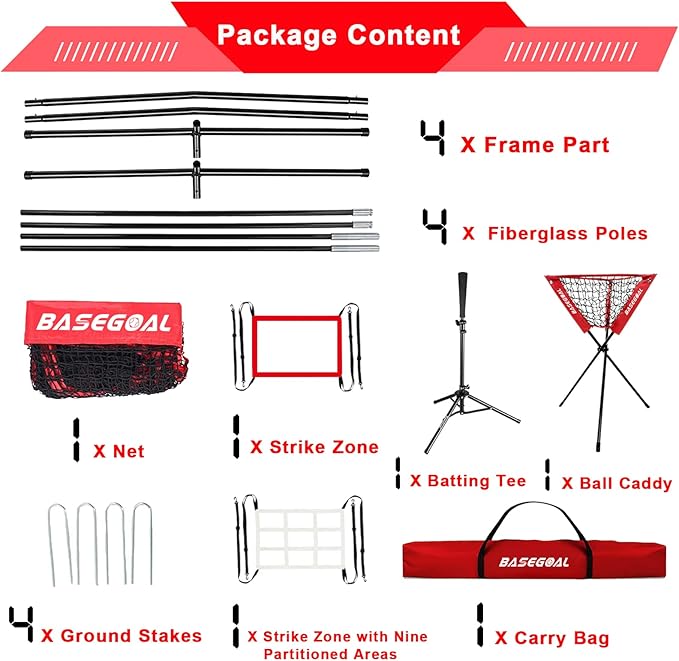 7'×7' Baseball Softball Practice Net,Baseball Backstop,with Batting Tee,Ball Caddy,for Hitting Pitching Batting Catching with Bow Frame,Bonus Strike Zone,Portable and Foldable-StrideForce Fitness