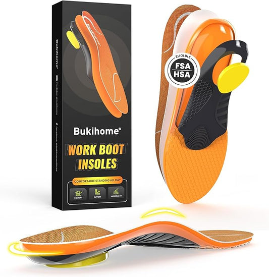 Bukihome Work Boot Insoles for Construction & Standing All Day - Heavy Duty Orthotic Shoe Inserts with Shock Absorption, Arch Support & Fatigue Reduction Durable Support Fits Work Boots -S-StrideForce Fitness