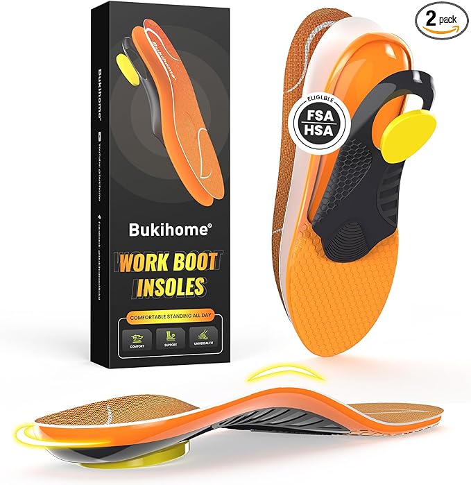 Bukihome Work Boot Insoles for Construction & Standing All Day - Heavy Duty Orthotic Shoe Inserts with Shock Absorption, Arch Support & Fatigue Reduction Durable Support Fits Work Boots -M-StrideForce Fitness