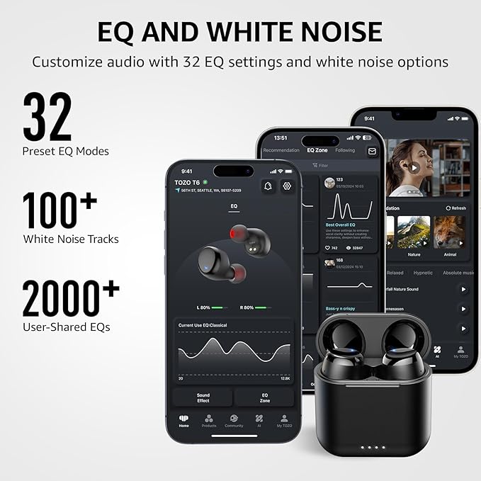 TOZO T6 Wireless Earbuds, IPX8 Waterproof Ear Buds, Stereo Bass Sound Bluetooth 5.3 Headphones in Ear, 50 Hours Playtime Earphones, Wireless Charging Case, Custom 32 EQ via APP-StrideForce Fitness